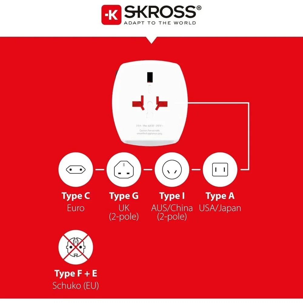 SKROSS Universal Travel Plug with USB and USB C, 1.302962, White Type G (UK)